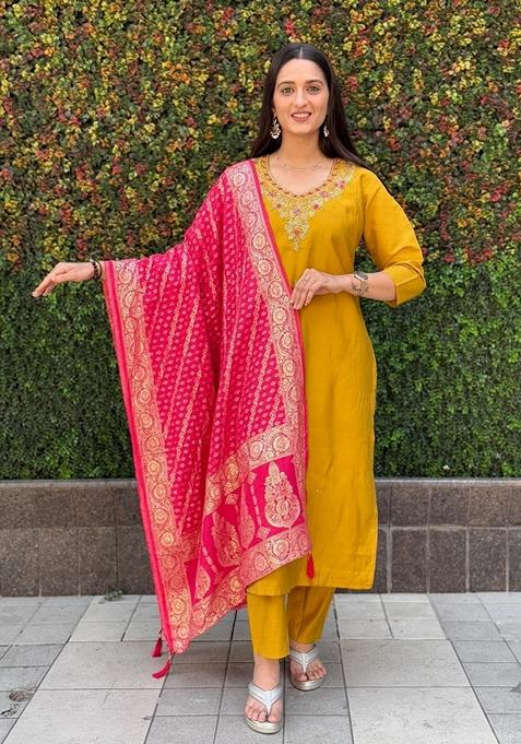Embroidered Modal Silk Salwar Set - Yellow