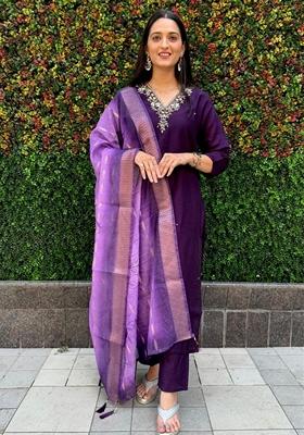 Purple Hand Embroidered Silk Salwar Kameez