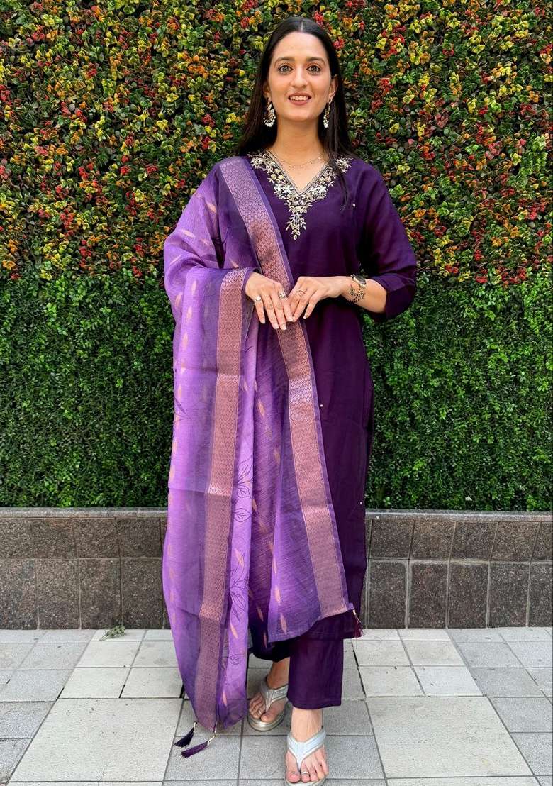 Purple Hand Embroidered Silk Salwar Kameez - Indya
