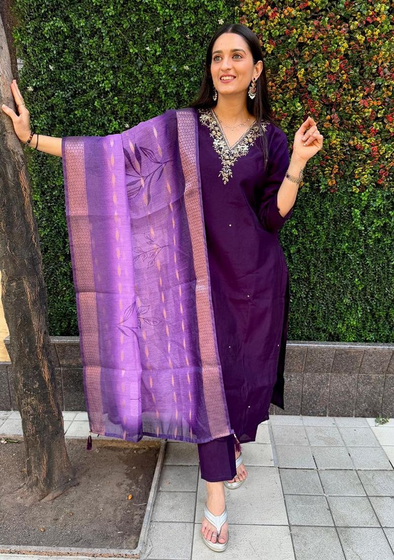 Purple Hand Embroidered Silk Salwar Kameez
