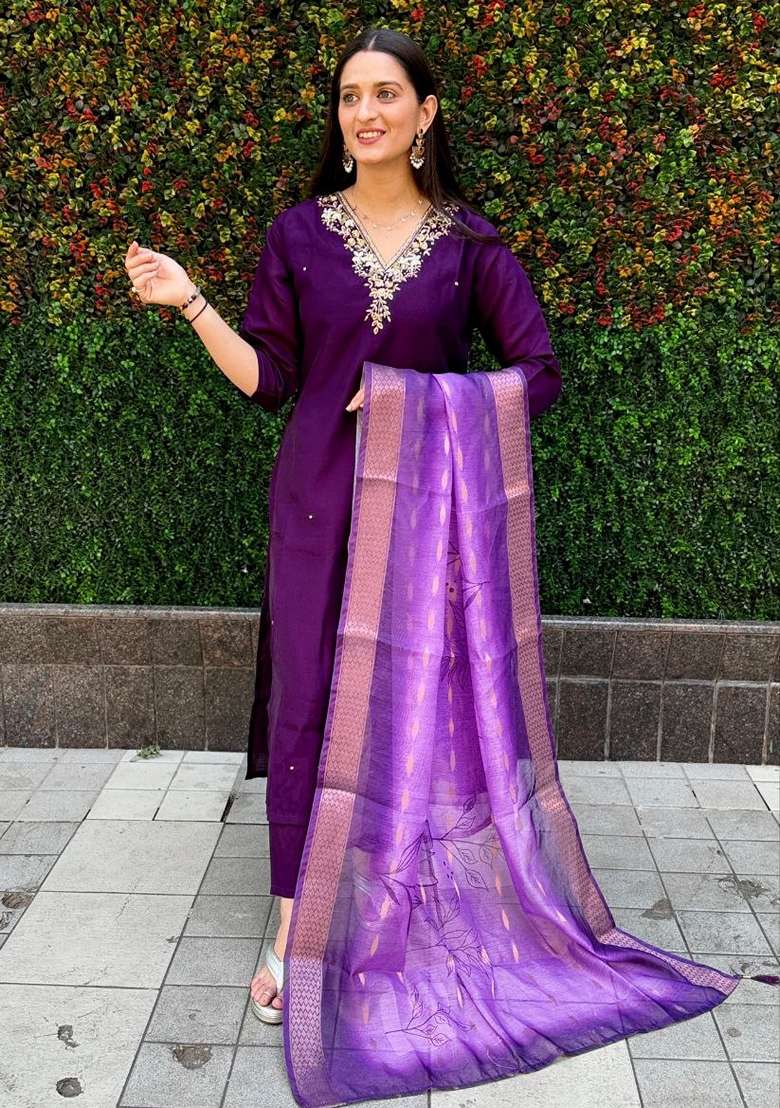 Purple Hand Embroidered Silk Salwar Kameez - Indya