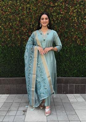 Sea Green Hand Embroidered Silk Salwar Kameez