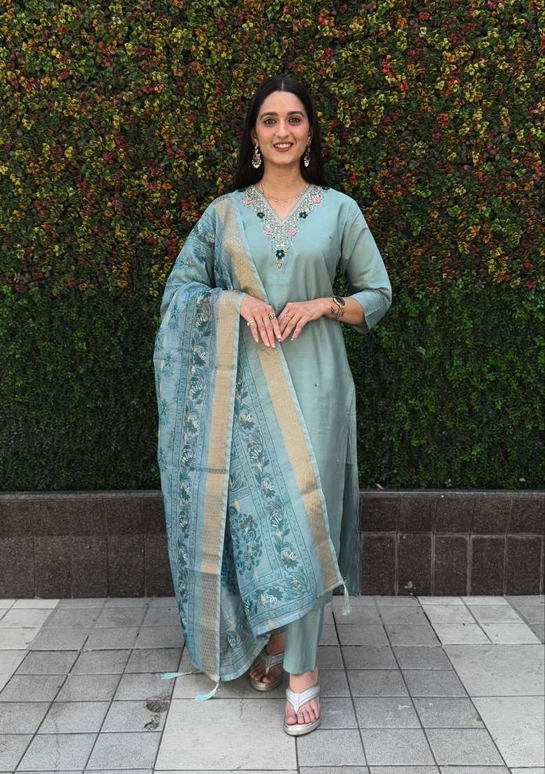 Sea Green Hand Embroidered Silk Salwar Kameez - Indya