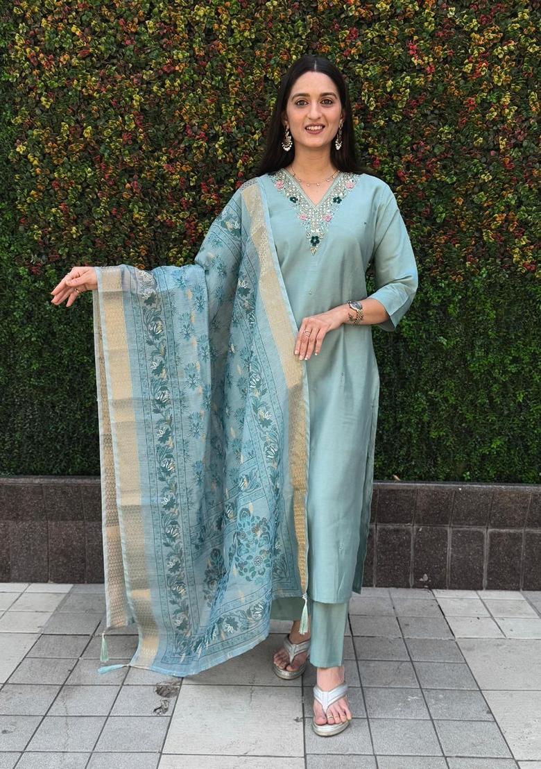 Sea Green Hand Embroidered Silk Salwar Kameez