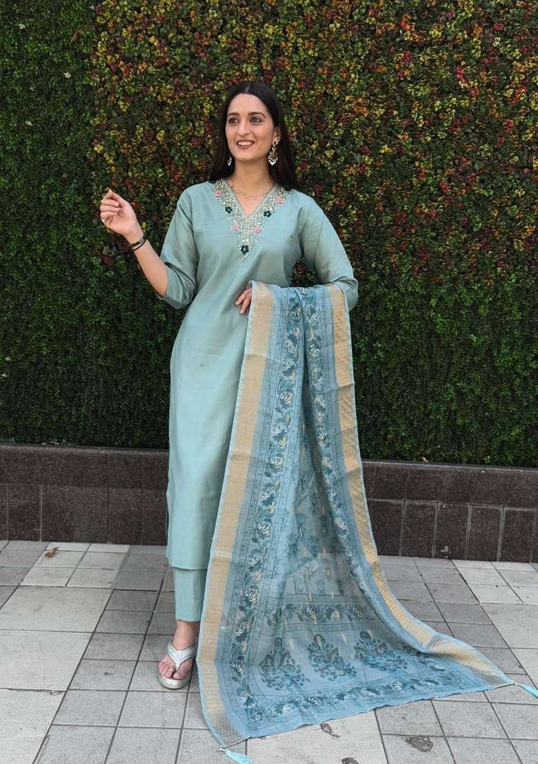 Sea Green Hand Embroidered Silk Salwar Kameez - Indya