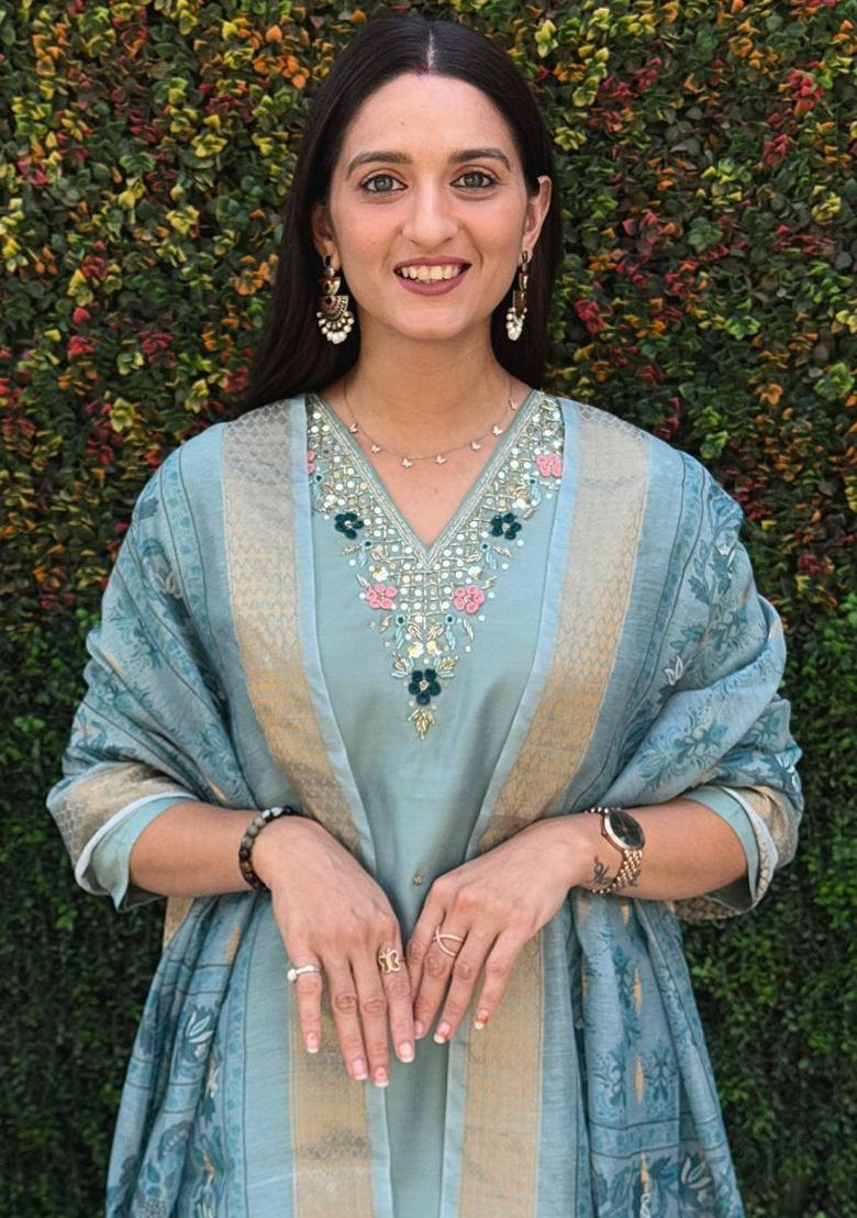 Sea Green Hand Embroidered Silk Salwar Kameez