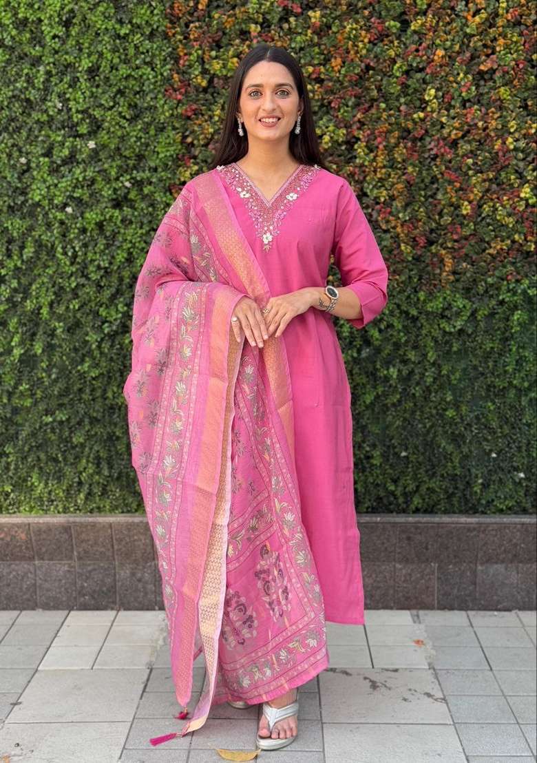 Pink Hand Embroidered Silk Salwar Kameez - Indya