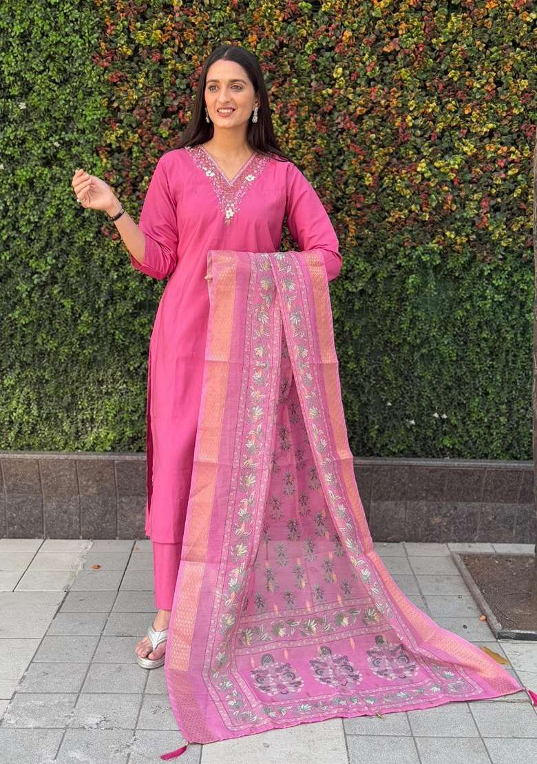 Pink Hand Embroidered Silk Salwar Kameez - Indya