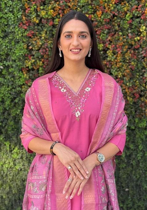 Pink Roman Silk Embroidered Readymade Salwar Kameez