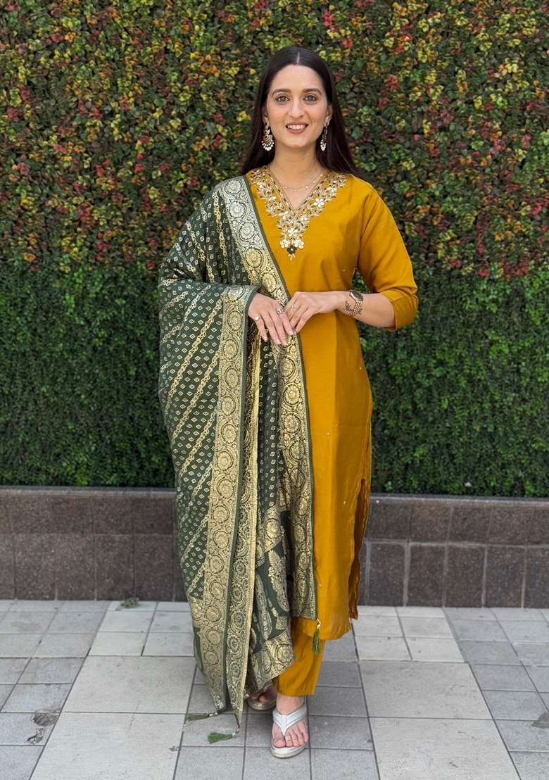 Mustard Yellow Hand Embroidered Silk Salwar Kameez - Indya