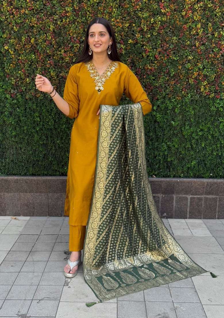 Mustard Yellow Hand Embroidered Silk Salwar Kameez - Indya