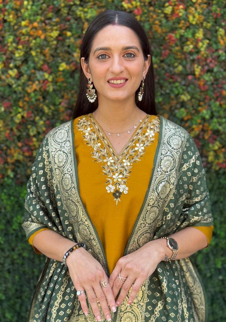 Mustard Yellow Hand Embroidered Silk Salwar Kameez