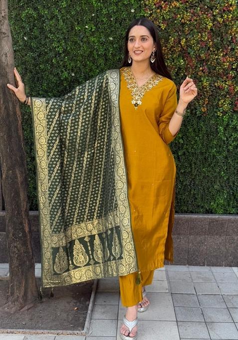 Mustard Yellow Premium Mul Silk 3-Piece Readymade Salwar Suit Set – Large to 2XL