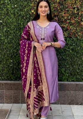 Lavender Hand Embroidered Silk Salwar Kameez