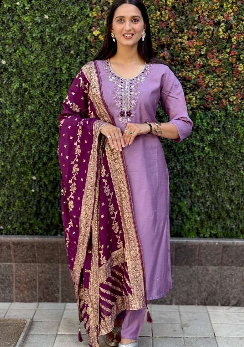 Lavender Hand Embroidered Silk Salwar Kameez - Indya
