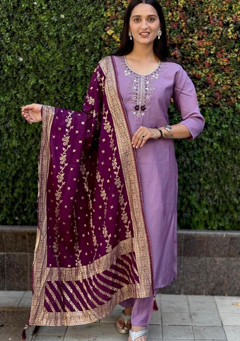 Lavender Hand Embroidered Silk Salwar Kameez