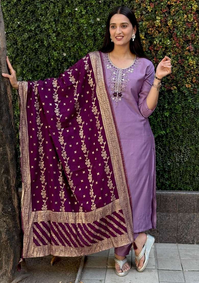 Lavender Hand Embroidered Silk Salwar Kameez - Indya