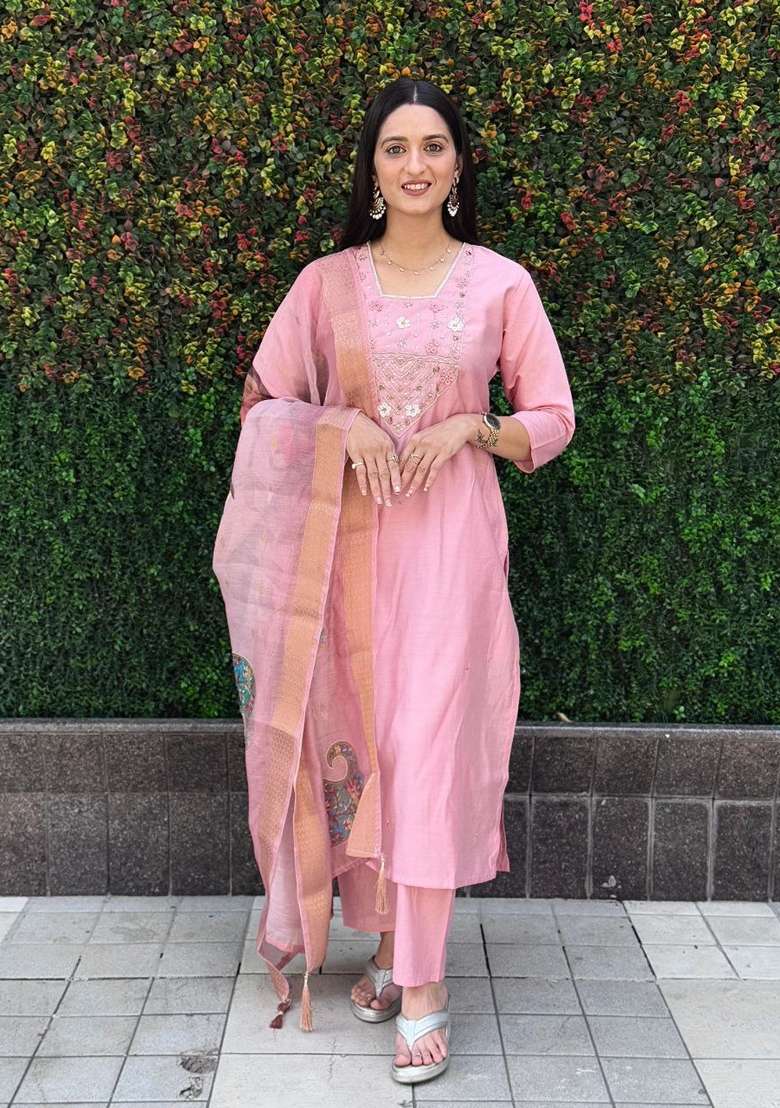 Pink Hand Embroidered Silk Salwar Kameez - Indya