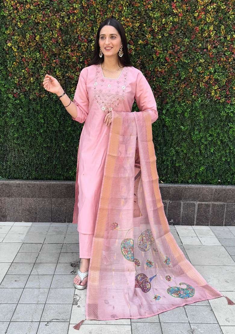 Pink Hand Embroidered Silk Salwar Kameez - Indya