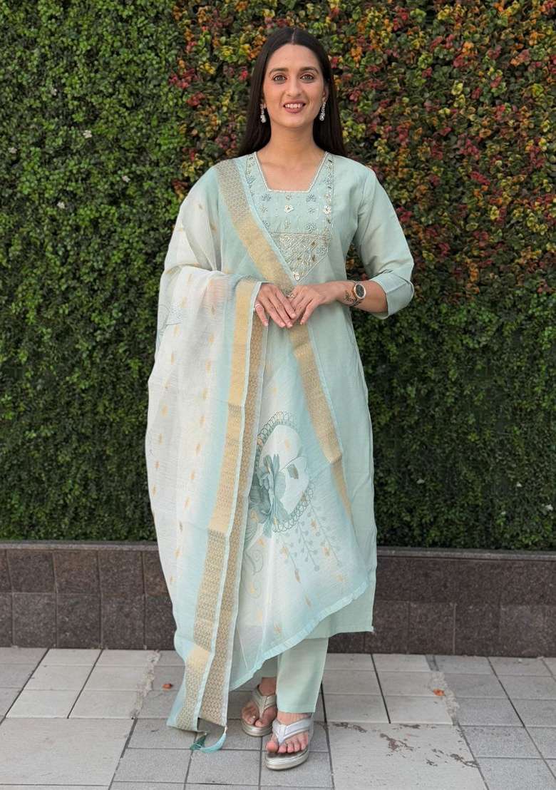 Sea Green Hand Embroidered Silk Salwar Kameez - Indya