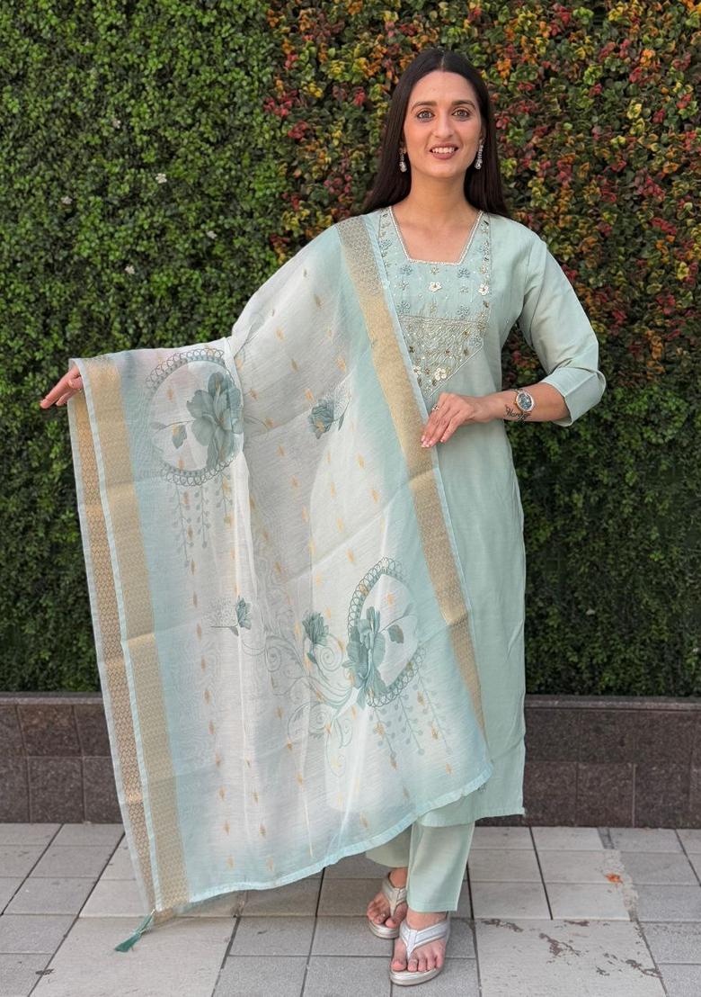 Sea Green Hand Embroidered Silk Salwar Kameez