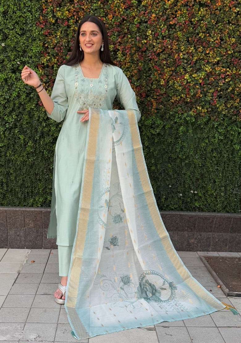 Sea Green Hand Embroidered Silk Salwar Kameez - Indya