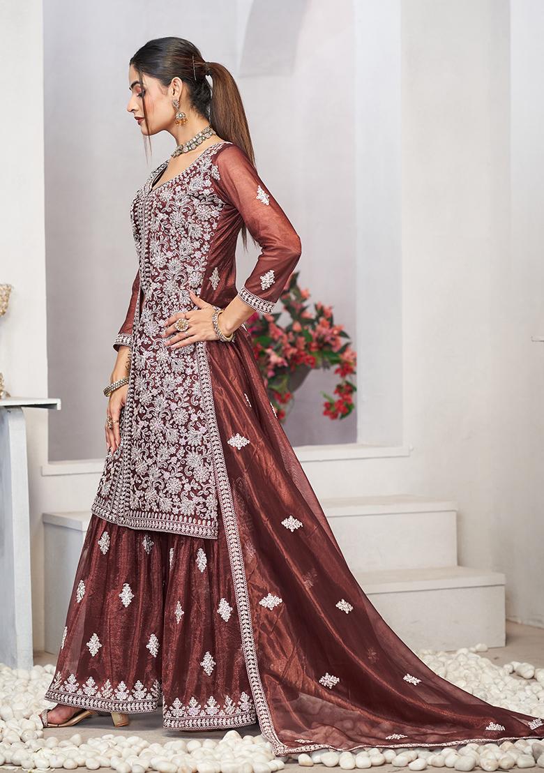 Brown Sequin Embroidered Net Salwar Kameez
