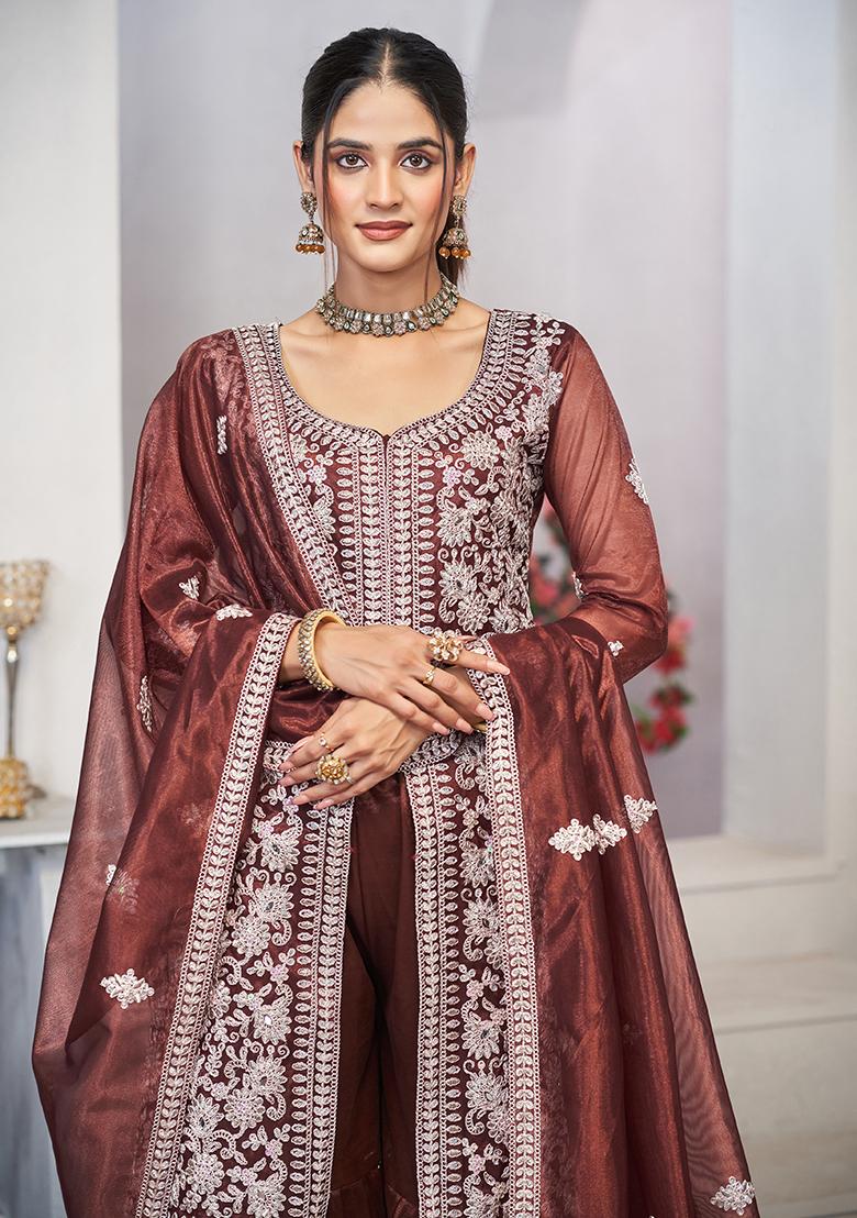 Brown Sequin Embroidered Net Salwar Kameez