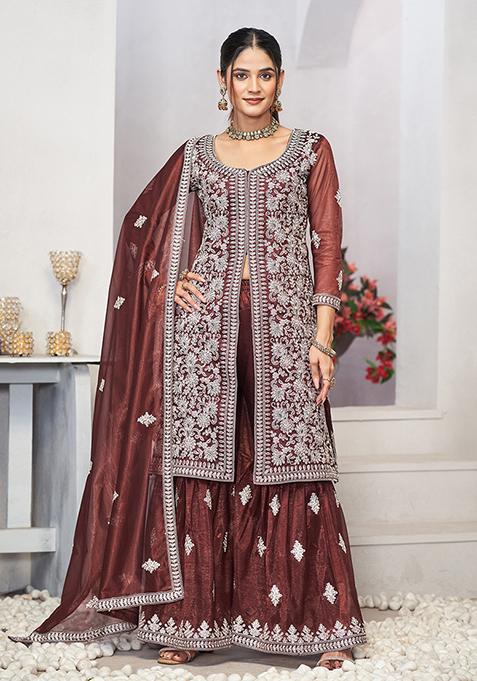 Brown Sequin Embroidered Net Salwar Kameez