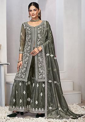 Olive Green Sequin Embroidered Net Salwar Kameez