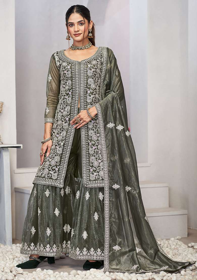 Olive Green Embroidered Net Sharara Set - Indya