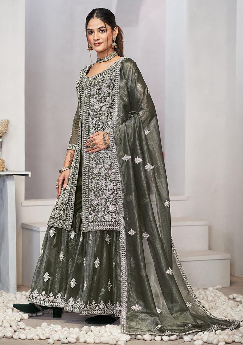 Olive Green Sequin Embroidered Net Salwar Kameez