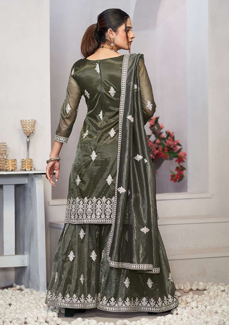 Olive Green Embroidered Net Sharara Set - Indya