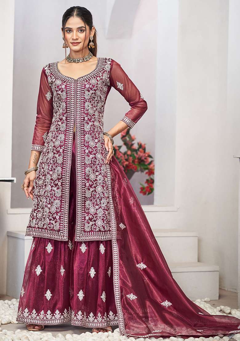 Purple Embroidered Net Sharara Set - Indya