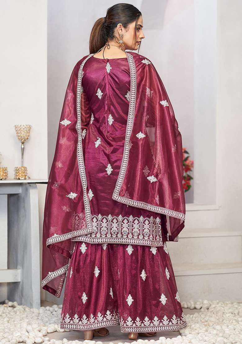 Purple Embroidered Net Sharara Set - Indya