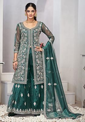 Turquoise Sequin Embroidered Net Salwar Kameez