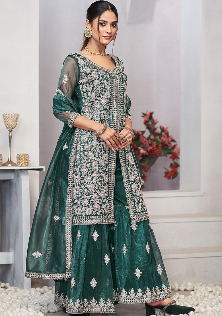 Turquoise Sequin Embroidered Net Salwar Kameez