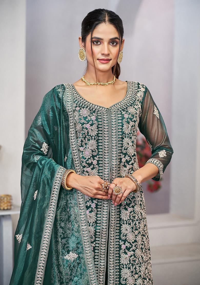 Turquoise Sequin Embroidered Net Salwar Kameez