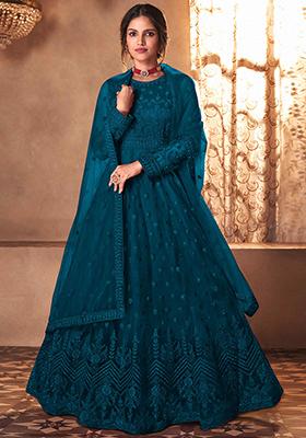 Teal Blue Embroidered Net Salwar Kameez