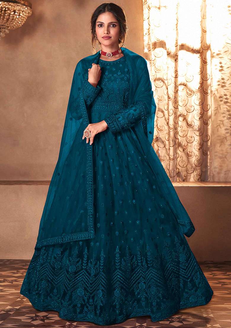 Teal Blue Embroidered Net Anarkali Set - Indya