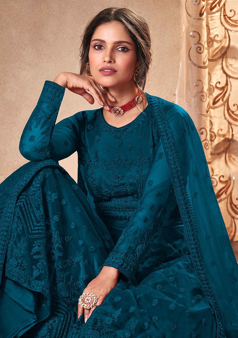 Teal Blue Embroidered Net Salwar Kameez