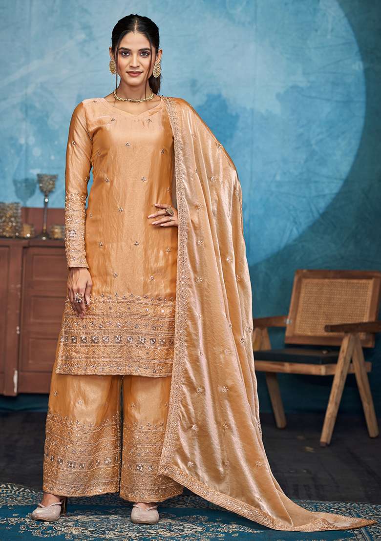 Golden Embroidered Poly Straight Kurta Set - Indya
