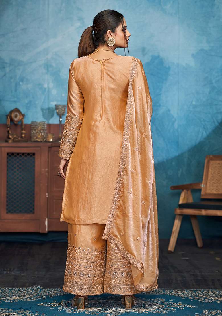 Golden Embroidered Poly Straight Kurta Set - Indya