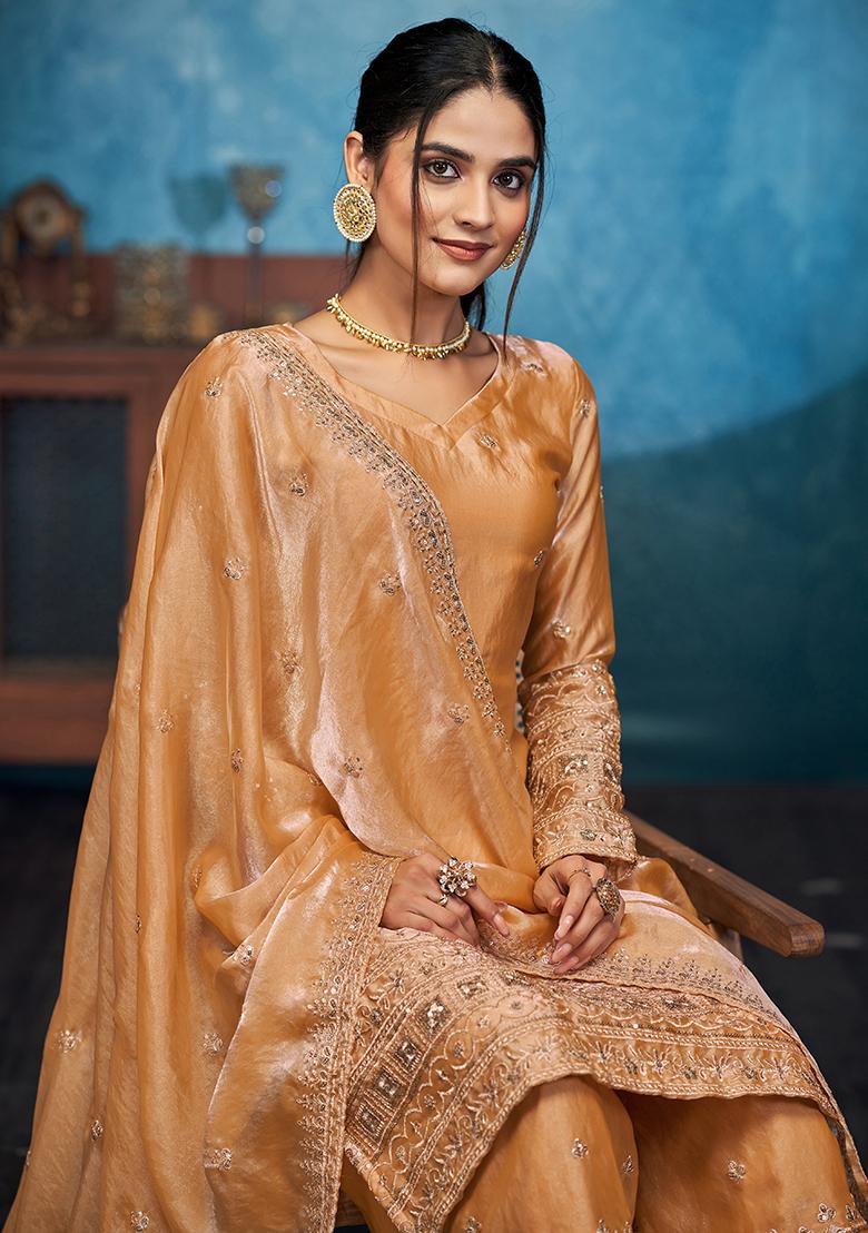 Golden Sequin Embroidered Poly Blend Salwar Kameez