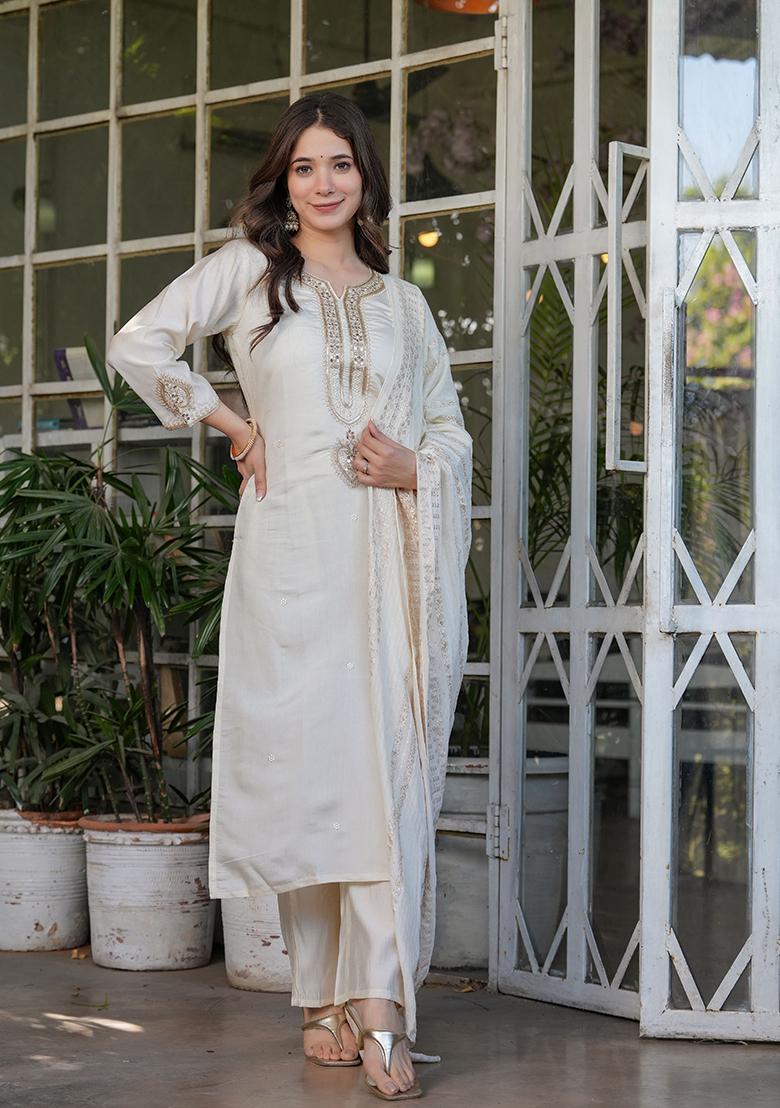 Off White Embroidered Chanderi Salwar Kameez