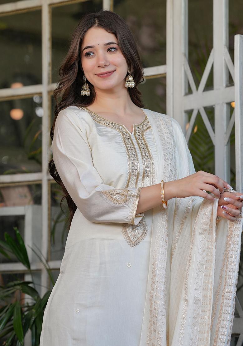 Off White Embroidered Chanderi Salwar Kameez