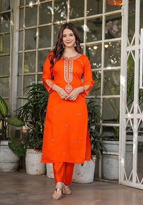 Orange Embroidered Chanderi Salwar Kameez