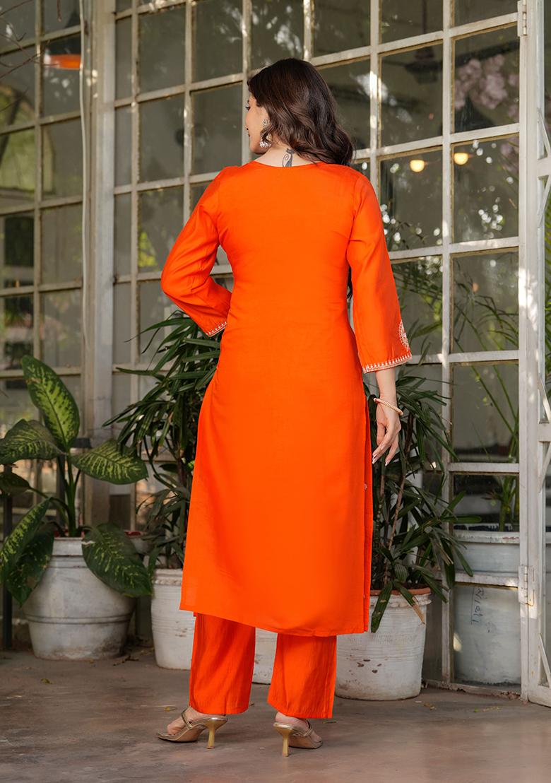 Orange Embroidered Chanderi Salwar Kameez