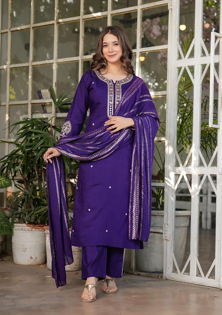 Purple Embroidered Chanderi Salwar Kameez