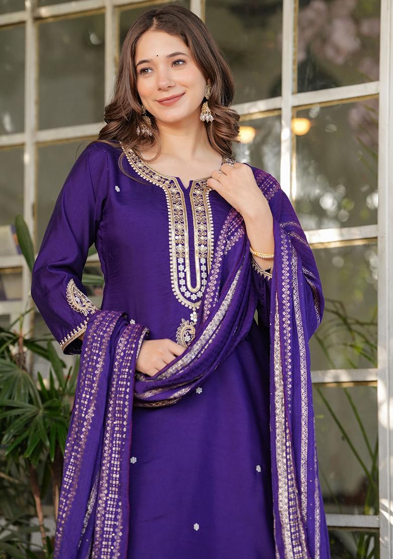 Purple Embroidered Chanderi Salwar Kameez